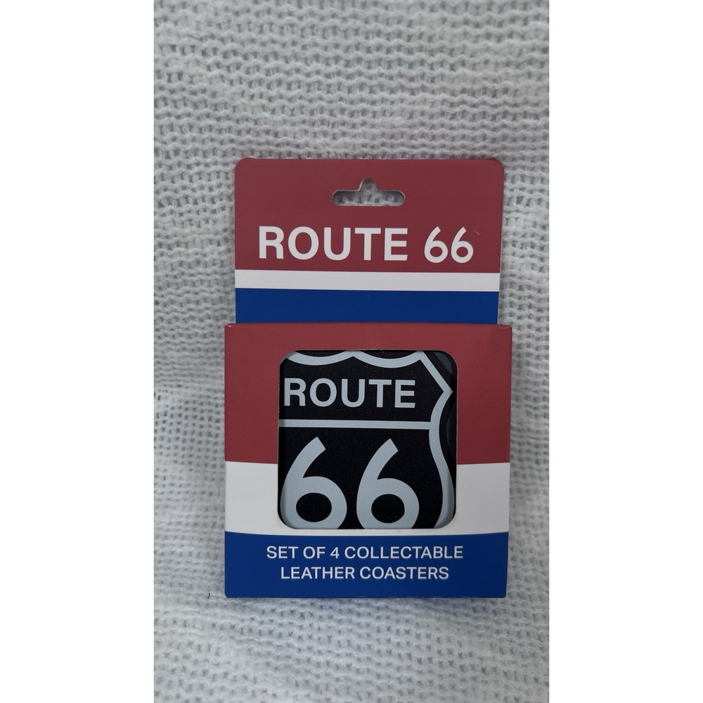 Perris Route 66 Leather Coasters Set of 4 Black White Americana NEW